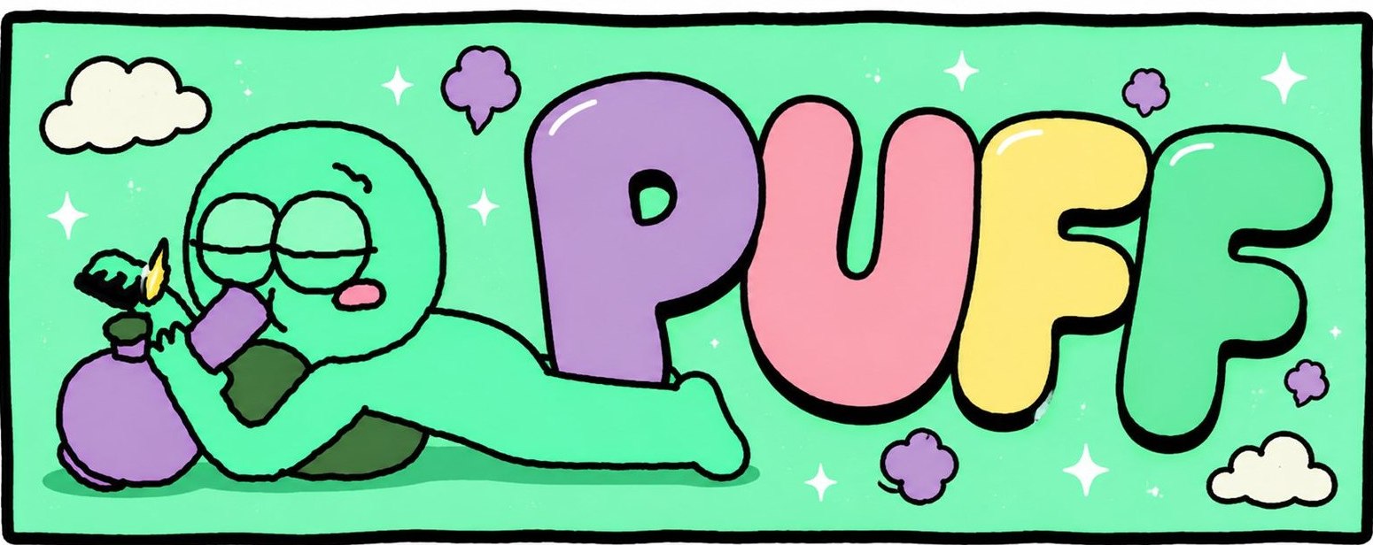 PUFF banner: the green creature lounging next to the bubble-lettered PUFF logo, clouds and sparkles